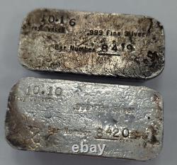 Paire de barres d'argent étrange poids 999 fin de 10 onces troy vintage séquentiel.