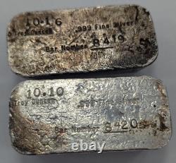 Paire de barres d'argent étrange poids 999 fin de 10 onces troy vintage séquentiel.