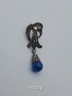 Paire de boucles d'oreilles anciennes en argent sterling, lapis-lazuli et marcassite d'Italie