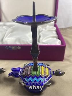 Paire de bougeoirs en forme de tortue en émail cloisonné vintage en argent à 99%