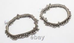 Paire de bracelets de cheville en argent massif, bracelets de cheville tribaux pour femmes, style vintage et ethnique F663.