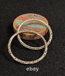 Paire de bracelets jonc en argent sterling chinois ancien avec boîte chinoise vintage