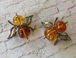 Paire de broches en argent sterling vintage avec ambre de la Baltique en forme de papillons abstraits