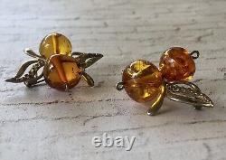 Paire de broches en argent sterling vintage avec ambre de la Baltique en forme de papillons abstraits