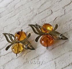 Paire de broches en argent sterling vintage avec ambre de la Baltique en forme de papillons abstraits