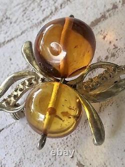 Paire de broches en argent sterling vintage avec ambre de la Baltique en forme de papillons abstraits