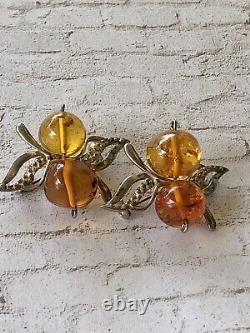 Paire de broches en argent sterling vintage avec ambre de la Baltique en forme de papillons abstraits
