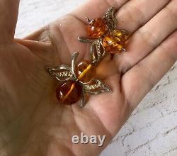 Paire de broches en argent sterling vintage avec ambre de la Baltique en forme de papillons abstraits