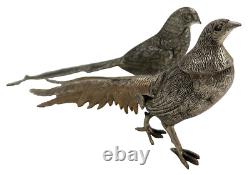 Paire de figurines d'oiseaux faisans VTG en métal argenté Andrea by Sadek large India