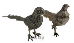 Paire de figurines d'oiseaux faisans VTG en métal argenté Andrea by Sadek large India