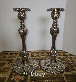 Paire de grands chandeliers vintage en argent plaqué MGS lourds et ornés, 13,5 pouces de haut, 4 livres