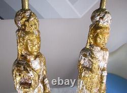 Paire de lampes sculptures glam Hollywood Regency KWAN YIN en argent doré et doré vintage