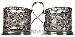 Paire de porte-tasses en argent filigrané russe 875 fait main vintage