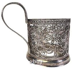Paire de porte-tasses en argent filigrané russe 875 fait main vintage