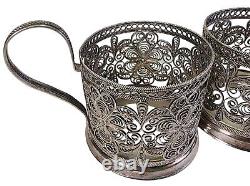 Paire de porte-tasses en argent filigrané russe 875 fait main vintage