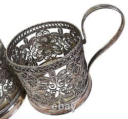 Paire de porte-tasses en argent filigrané russe 875 fait main vintage