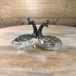Paire de salières et poivrières en cristal de paon vintage en argent 800-925 avec poinçon