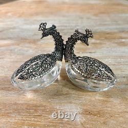 Paire de salières et poivrières en cristal de paon vintage en argent 800-925 avec poinçon