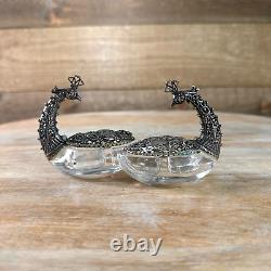 Paire de salières et poivrières en cristal de paon vintage en argent 800-925 avec poinçon