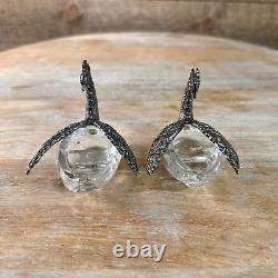 Paire de salières et poivrières en cristal de paon vintage en argent 800-925 avec poinçon