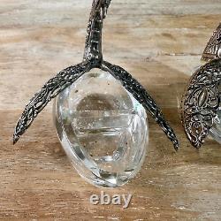 Paire de salières et poivrières en cristal de paon vintage en argent 800-925 avec poinçon