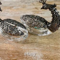 Paire de salières et poivrières en cristal de paon vintage en argent 800-925 avec poinçon