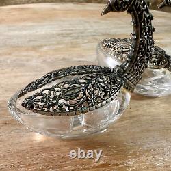 Paire de salières et poivrières en cristal de paon vintage en argent 800-925 avec poinçon
