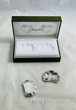 Paire de salières ouvertes en coquille plaquées argent Christofle vintage, France, avec boîte d'origine.