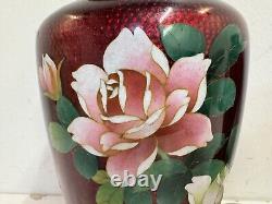 Paire de vases en cloisonné rouge montés en argent japonais vintage avec décoration florale
