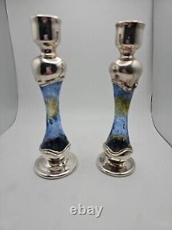 Paire vintage de bougeoirs en argent 925 et vitrail bleu