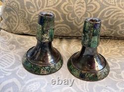 Paire vintage de bougeoirs en argent plaqué azurite malachite Los Castillo
