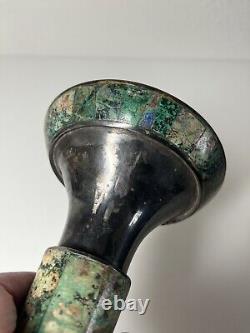 Paire vintage de bougeoirs en argent plaqué azurite malachite Los Castillo