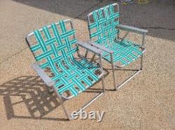 Paire vintage de chaises de jardin pliantes en aluminium tissé vert, blanc et argenté