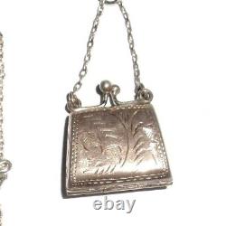 Pendentif de collier de sac à main ouvrant en argent sterling émaillé vintage. 8 x 2 pouces de long.