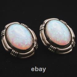 RARE vintage Boucles d'oreilles clips ovales en fausse OPAL en argent sterling 925 par Navajo - Larry Yazzie