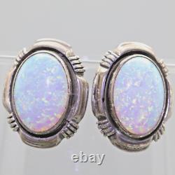 RARE vintage Boucles d'oreilles clips ovales en fausse OPAL en argent sterling 925 par Navajo - Larry Yazzie