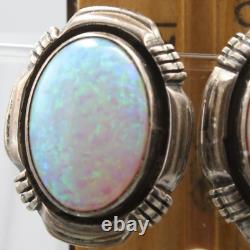 RARE vintage Boucles d'oreilles clips ovales en fausse OPAL en argent sterling 925 par Navajo - Larry Yazzie