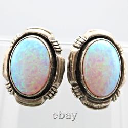 RARE vintage Boucles d'oreilles clips ovales en fausse OPAL en argent sterling 925 par Navajo - Larry Yazzie