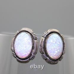 RARE vintage Boucles d'oreilles clips ovales en fausse OPAL en argent sterling 925 par Navajo - Larry Yazzie