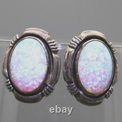 RARE vintage Boucles d'oreilles clips ovales en fausse OPAL en argent sterling 925 par Navajo - Larry Yazzie