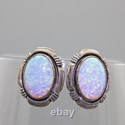 RARE vintage Boucles d'oreilles clips ovales en fausse OPAL en argent sterling 925 par Navajo - Larry Yazzie