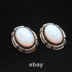 RARE vintage Boucles d'oreilles clips ovales en fausse OPAL en argent sterling 925 par Navajo - Larry Yazzie