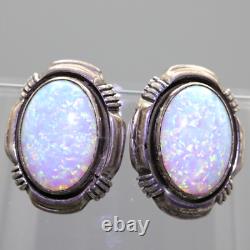 RARE vintage Boucles d'oreilles clips ovales en fausse OPAL en argent sterling 925 par Navajo - Larry Yazzie