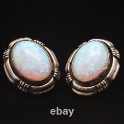 RARE vintage Boucles d'oreilles clips ovales en fausse OPAL en argent sterling 925 par Navajo - Larry Yazzie