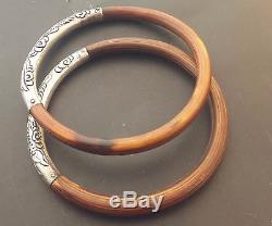 Rare Paire De Bracelets De Bracelet En Bambou Fabriqués À La Main En Argent Massif Japonais Vintage