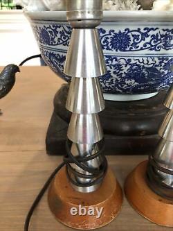 Retro Vintage Antique Art Déco Machine Age Aluminium Paire Lampes De Table