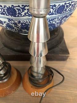Retro Vintage Antique Art Déco Machine Age Aluminium Paire Lampes De Table
