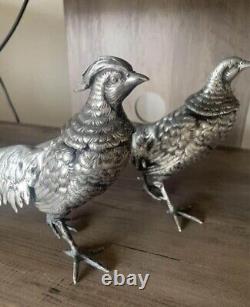 Sculptures d'oiseaux faisans VTG en argent sterling 800 Italie 1370 grammes / 3,02 livres