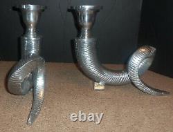 Set Pair 2 Large Ram Horn Shofar Metal Pilier Candlestick Candlestick Argent