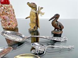 Souvenirs vintage et antiques de Floride en argent, alligator, pélican, salières et poivrières